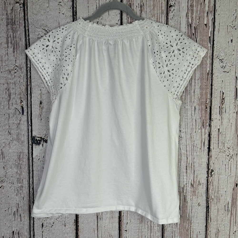 LOFT Size Large White Blouse Eyelet Sleeves & Neck‎ Split Neckline 100% Cotton - Picture 4 of 11